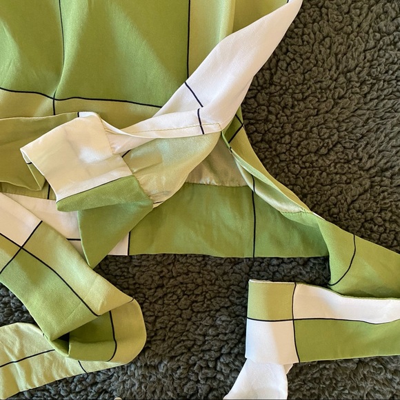 Silk Halter Crop Top Lime Green Print Plaid Summer Tube with Straps Y2K bow tie - Picture 7 of 11